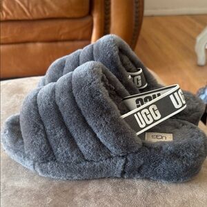 UGG Charcoal Plush Shearling Slide Sandals with Branded Strap